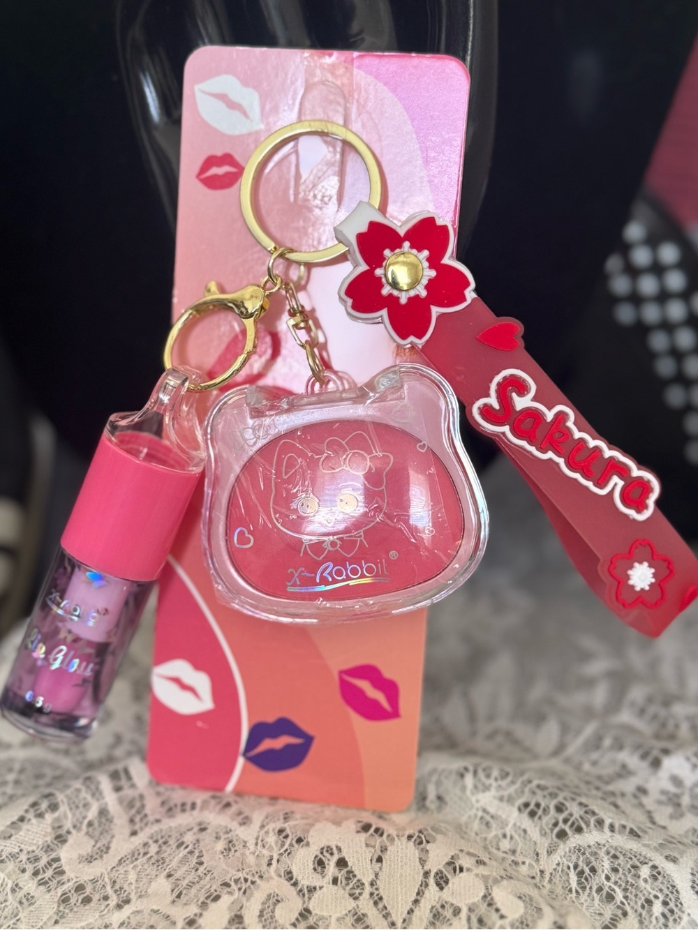 Pink Sakura & Cat Charm Keychain with Lip Gloss